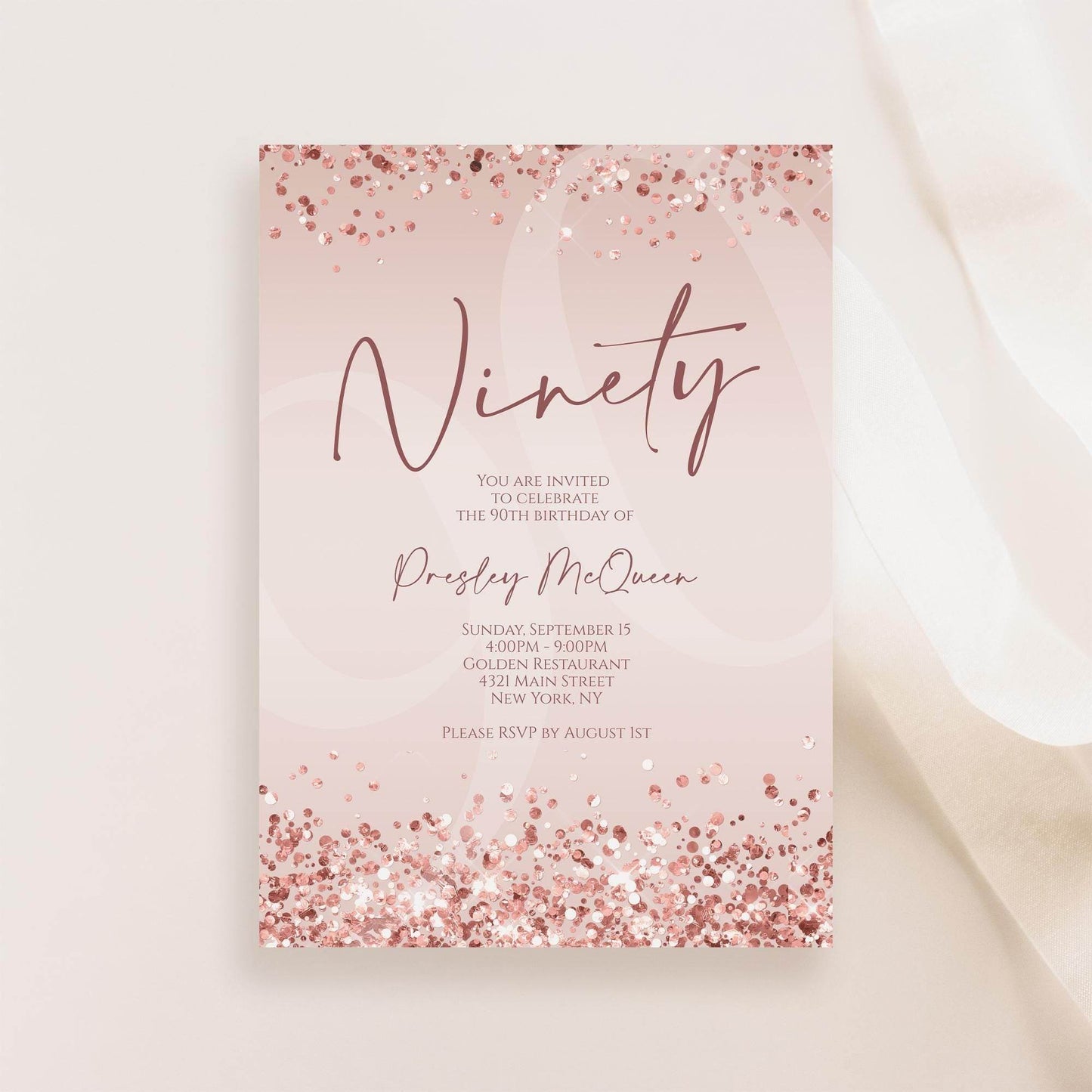 Rose Gold 90th Birthday Invitation Template, Printable Editable Pink Confetti Invite, 90th Digital Text or Email Evite Download