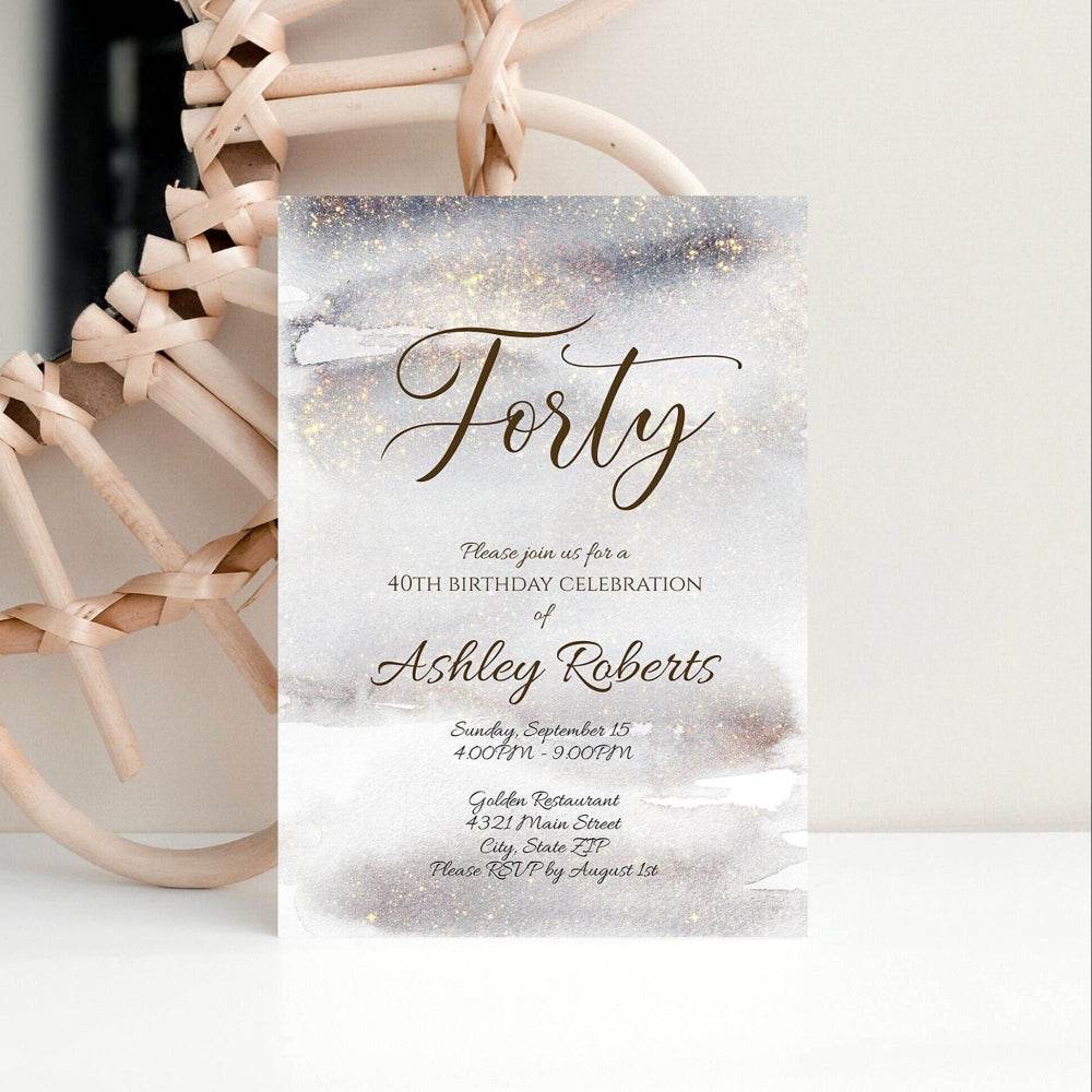 Luxury 40th Birthday Invitation Template – Editable Watercolor Gold Glitter Forty Invite | Printable Digital Download | DIY Party Invitation