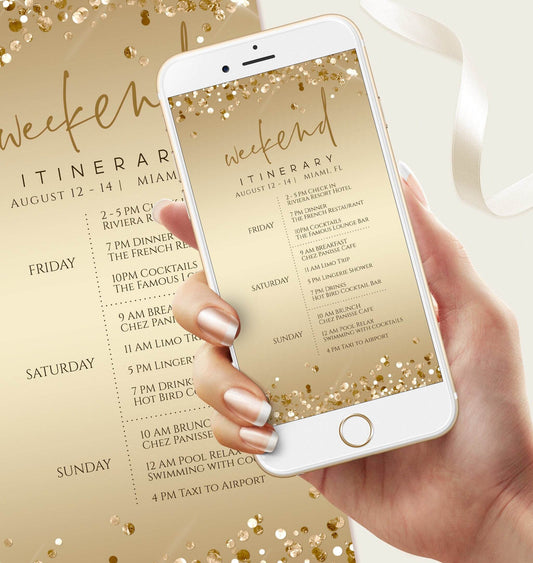 Gold Digital Weekend Itinerary Template, Editable Mobile Schedule for Birthday or Bachelorette, Electronic Phone Itinerary, Text Message Evite, Instant Download