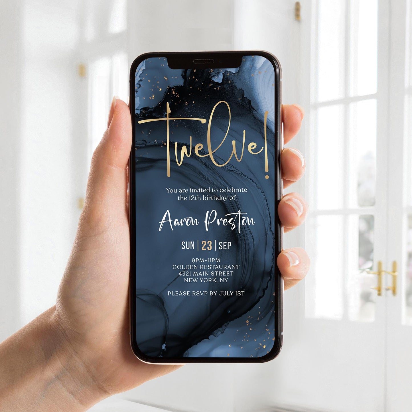 12th Boy Birthday Invitation Template | Navy Gold Design, Instant Download