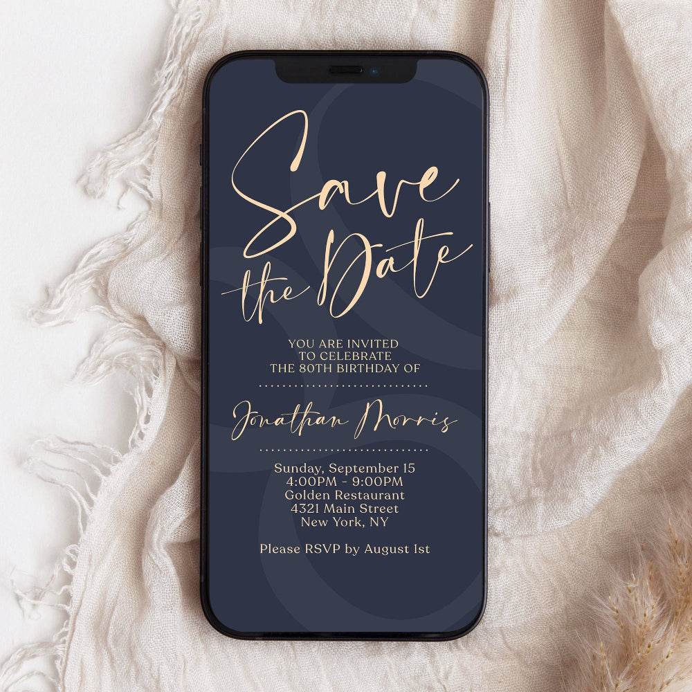 Save the Date 80th Birthday Digital Invitation – Editable Navy Blue Eighty Birthday Save the Date – DIY Phone Text Message Evite – Electronic Invitation Template
