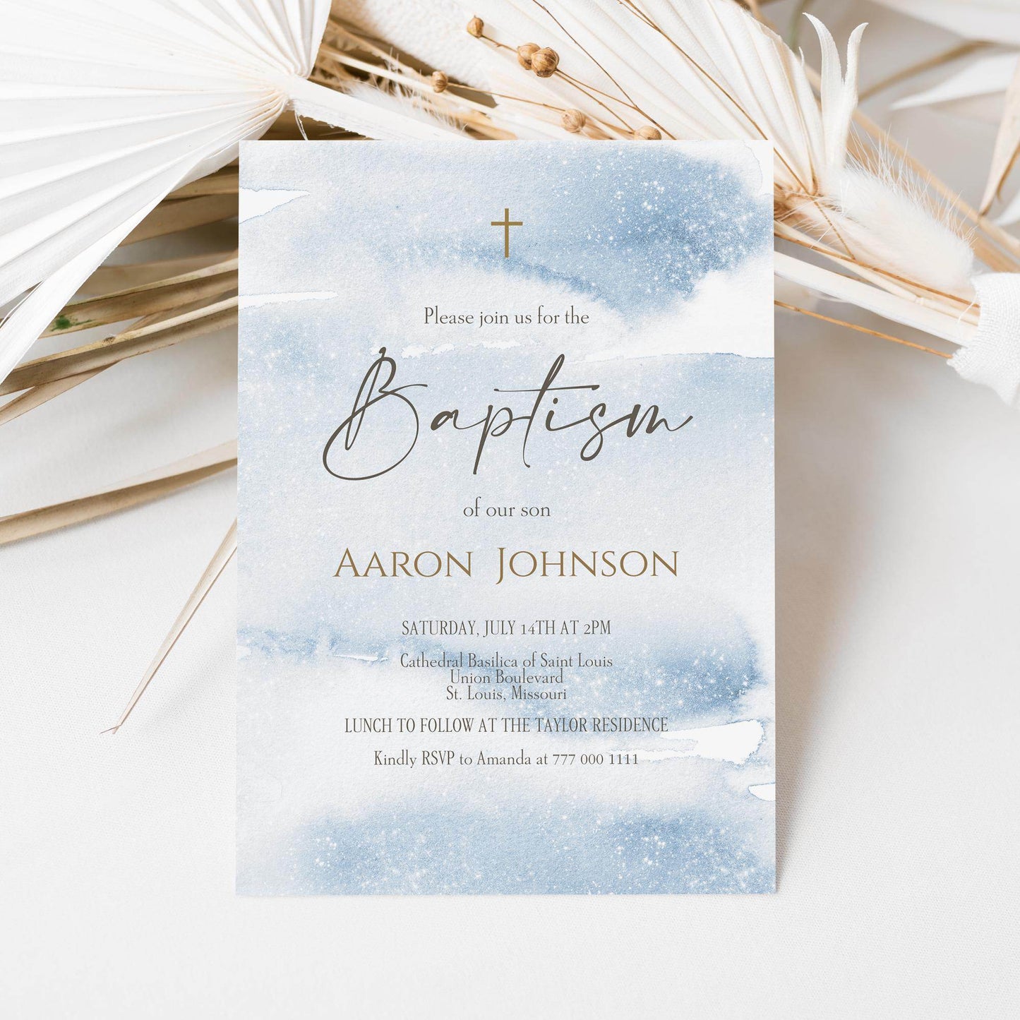 Boy Baptism Invitation Template Printable, Blue Watercolor Christening Invite, Editable Baptism Card, Email Text Message Digital Evite