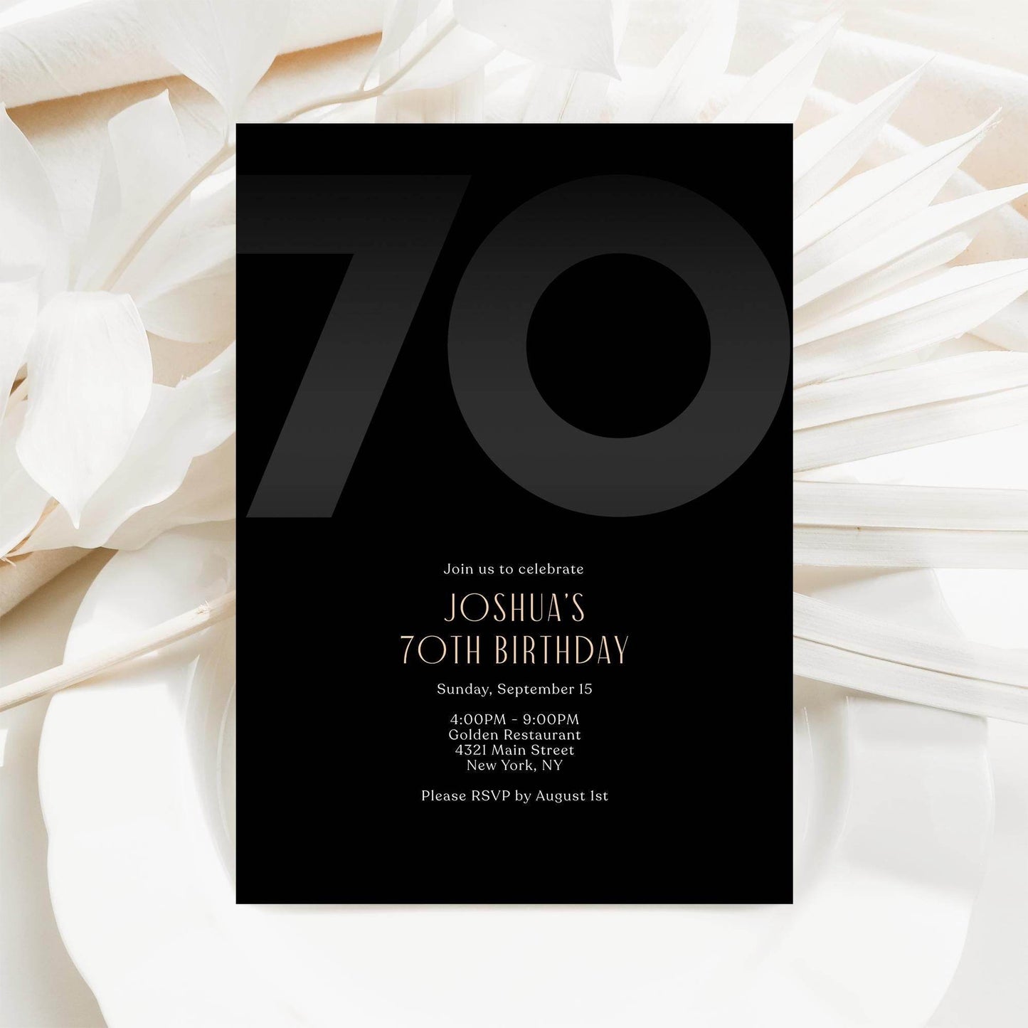 Black 70th Birthday Invitation Template, Modern Men's Party Invite, Editable Printable Seventy Invite for Him, Digital Instant Download