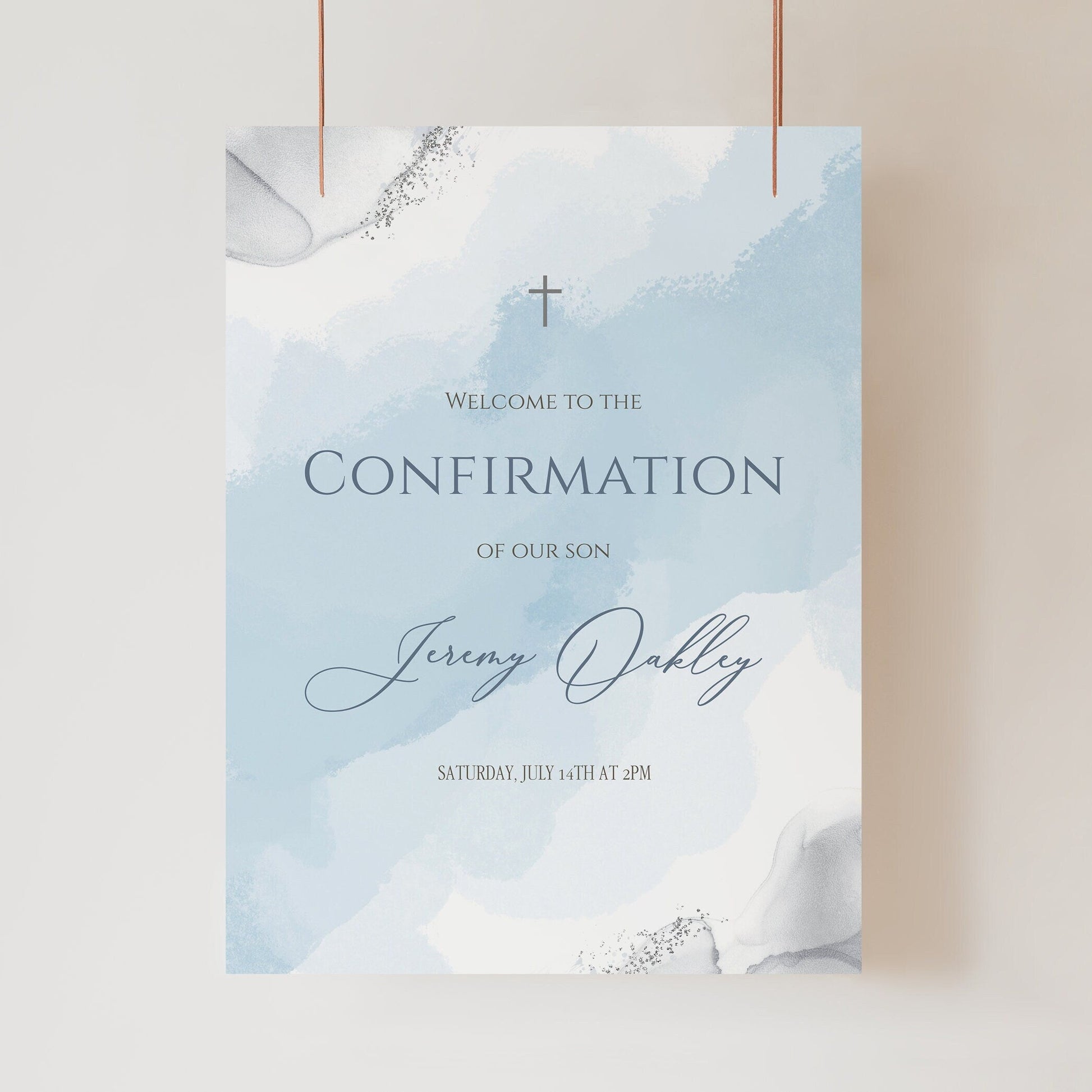 Blue Silver Boy Confirmation Welcome Sign, Welcome Sign Template, Printable Confirmation Sign, Editable Baptism Watercolor Welcome Poster