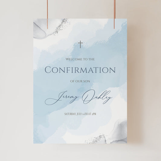 Blue Silver Boy Confirmation Welcome Sign, Welcome Sign Template, Printable Confirmation Sign, Editable Baptism Watercolor Welcome Poster