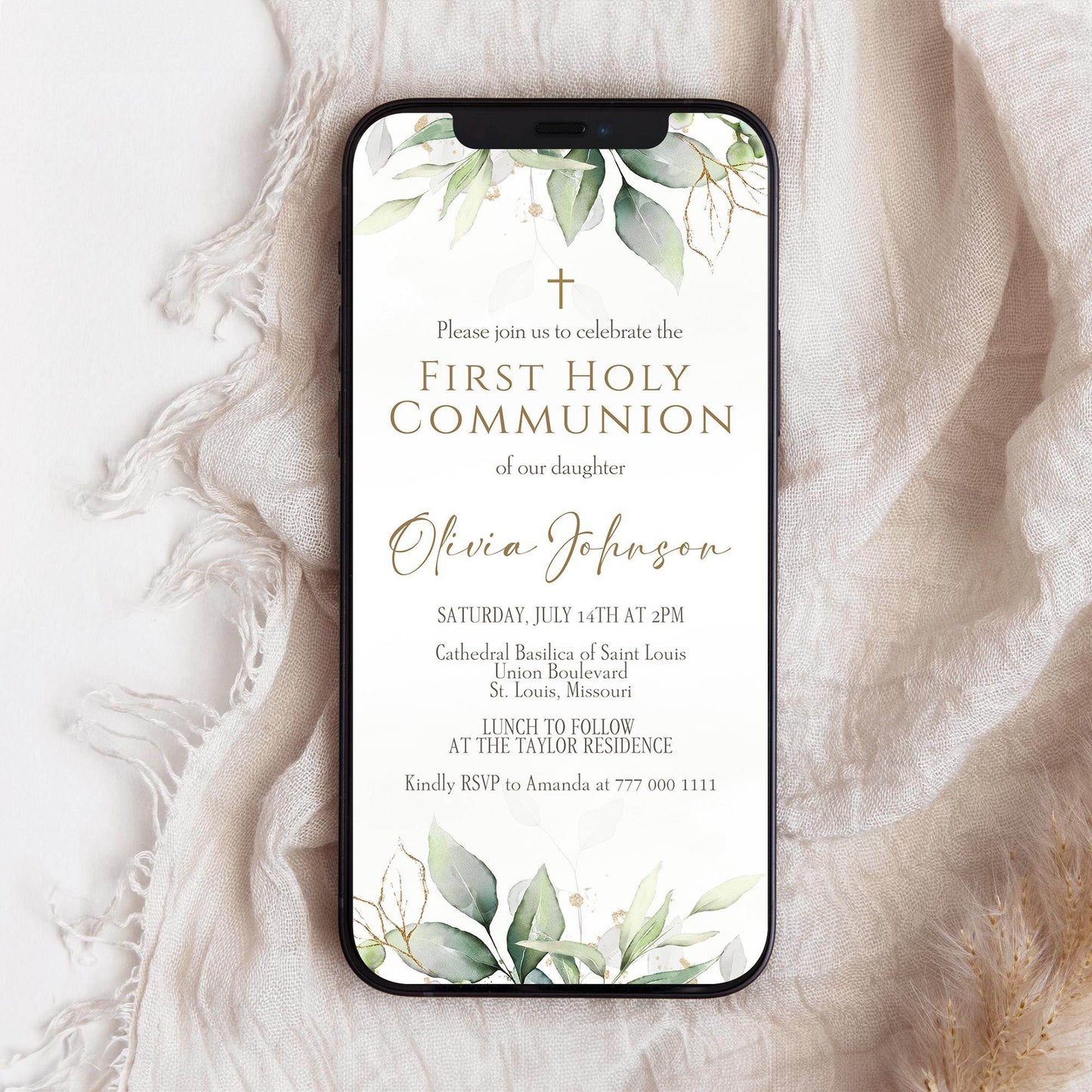 Digital Greenery First Communion Invitation Template, Editable Boy or Girl First Holy Communion Evite, Instant Download