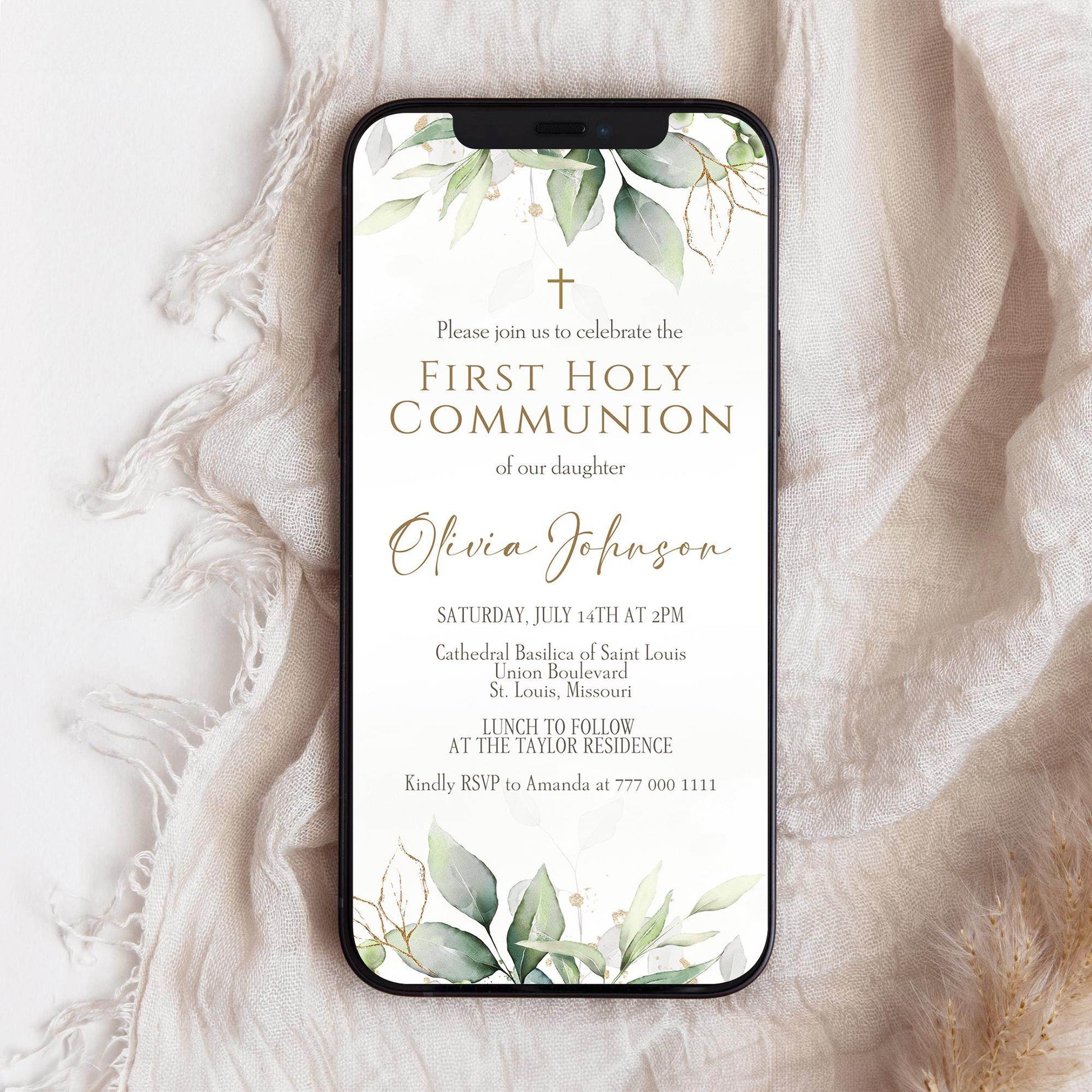 Digital Greenery First Communion Invitation Template, Editable Boy or Girl First Holy Communion Evite, Instant Download