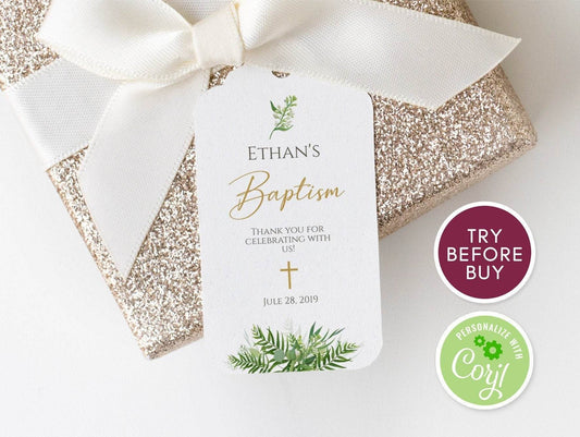 Thank You Baptism Tag Template | Printable Greenery Eucalyptus Favor Tags | Boy Christening or First Communion Labels | Instant Download DIY