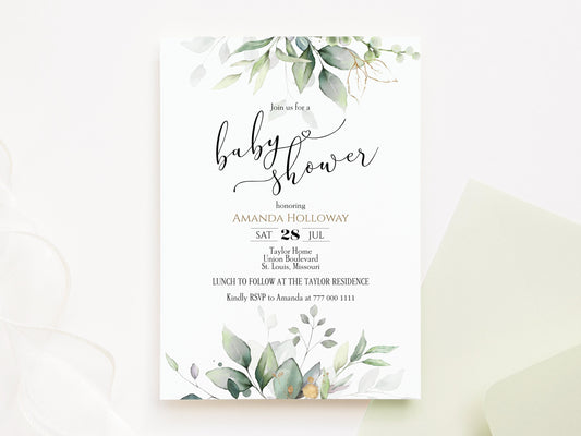 Greenery Baby Shower Invitation Template, Editable Invite, Printable Baby Shower Evite Card, Eucalyptus Gold Foil Leaves, Digital Template