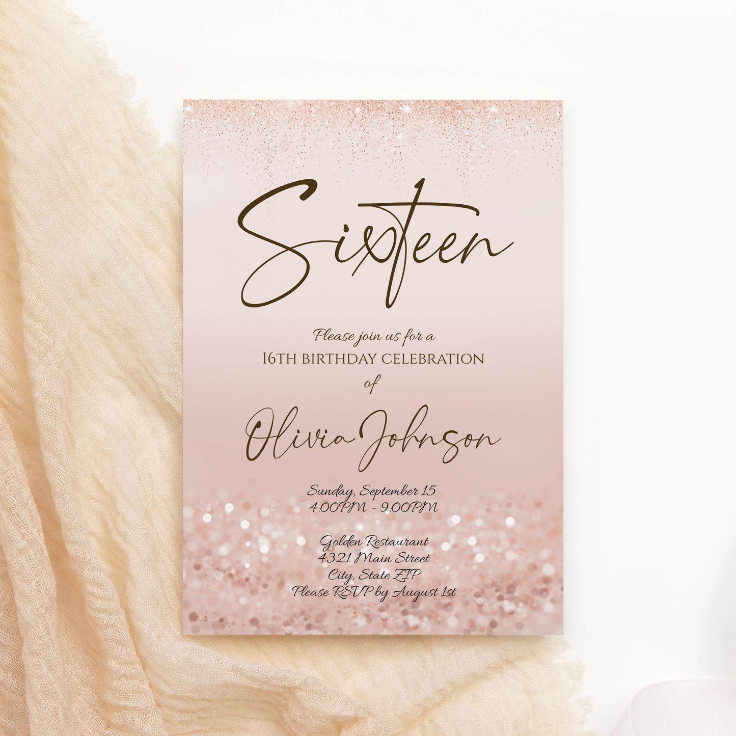Girl 16th Sixteen Invitation Template Printable, Pink Birthday Party Invite, Editable Rose Gold Glitter Birthday Invitation Instant Download