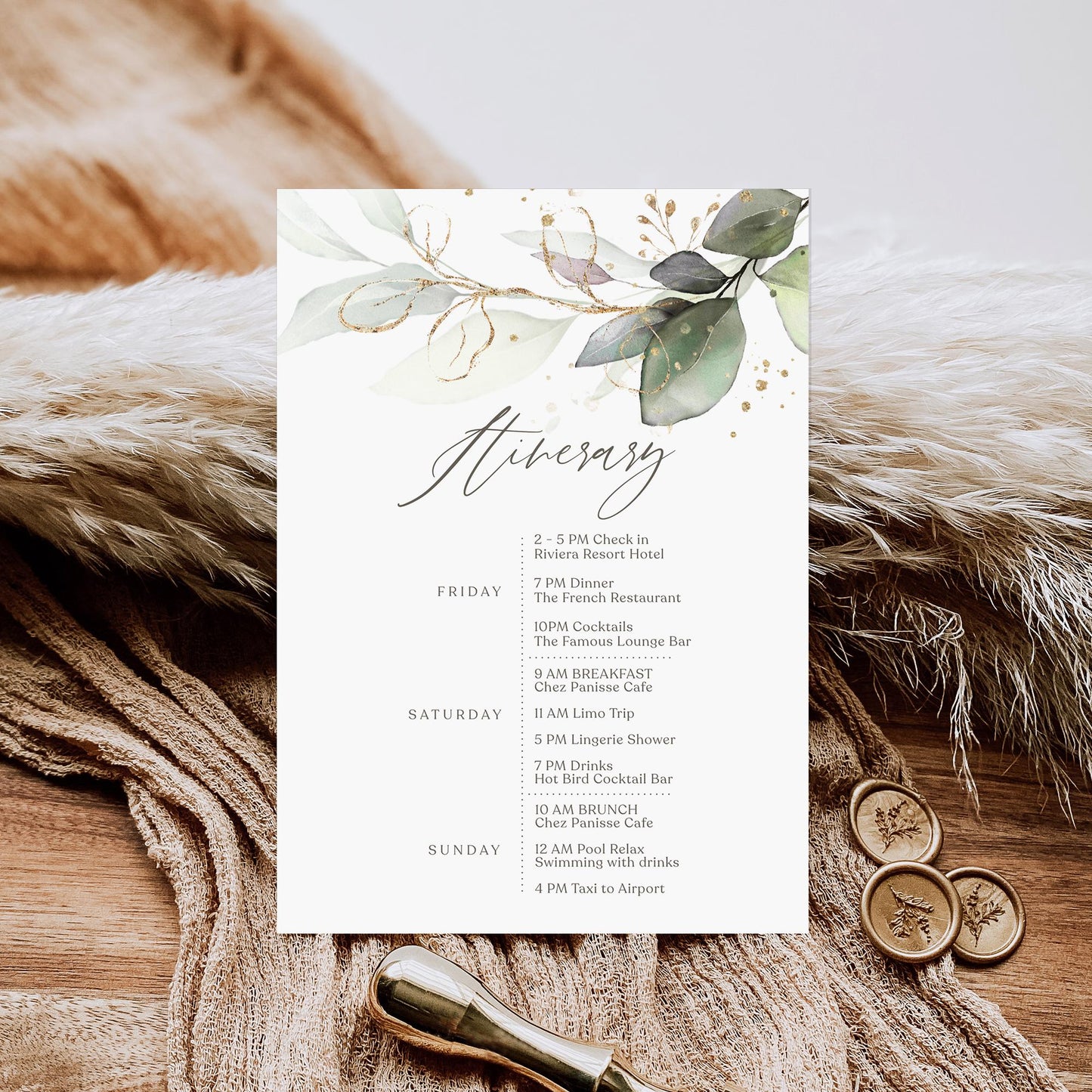 Editable Weekend Itinerary Card Template, Birthday Weekend, Printable Weekend Itinerary, Hens Weekend, Bachelorette, Greenery Eucalyptus