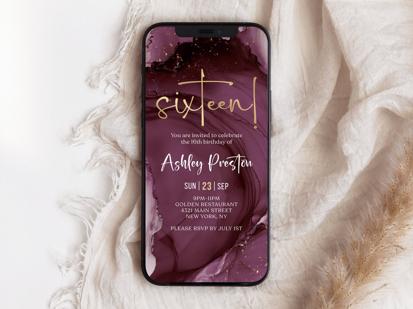 Digital Purple 16th Sixteen Birthday Invitation Template, Electronic Sixteen Party Invites, Editable Boy or Girl Invite, Text Message Evite