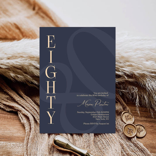 Navy 80th Eighty Birthday Invitation Template, Printable Minimalist Birthday Invite, 80th Modern Elegant Men Birthday Card, Editable Invite