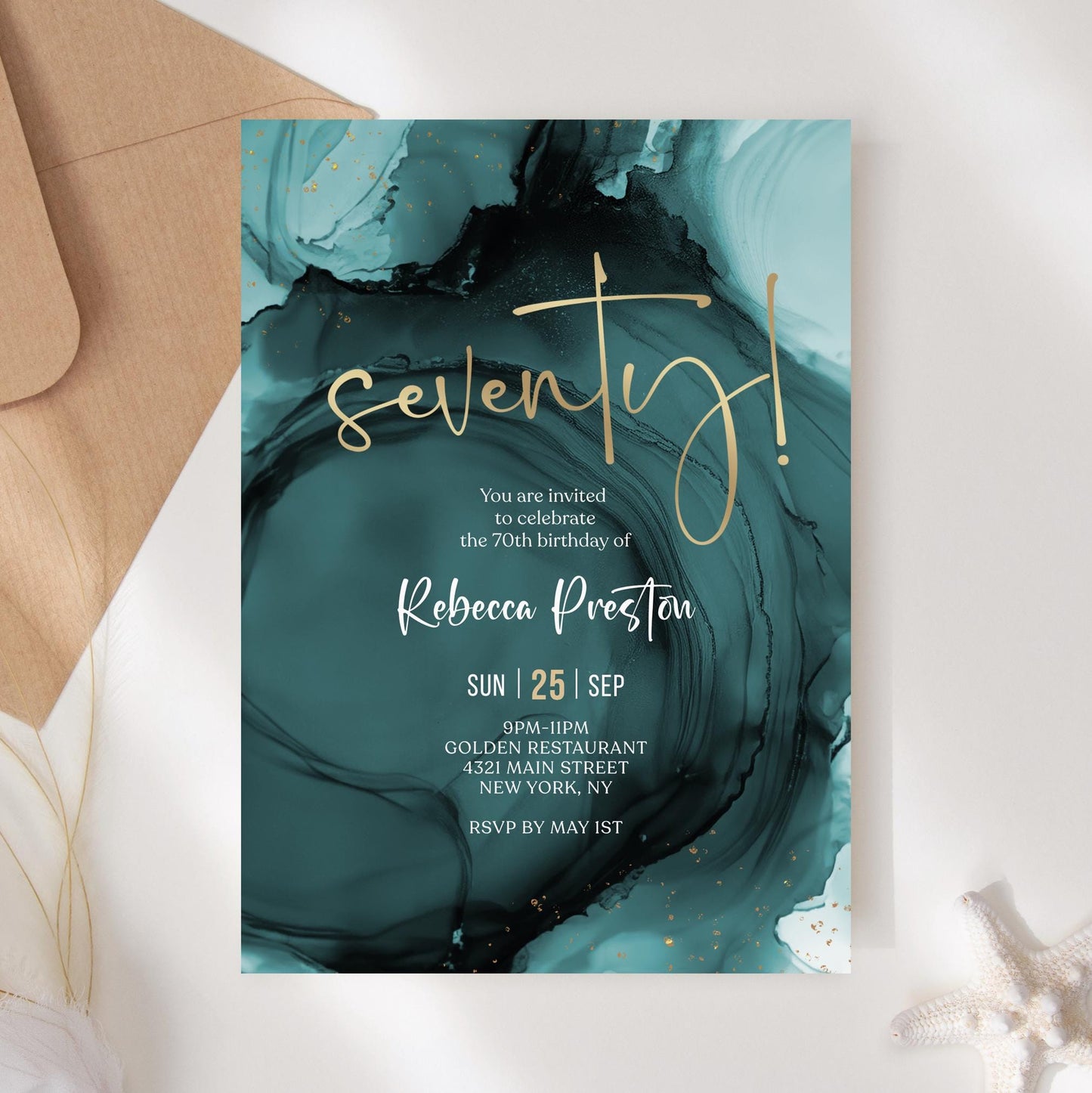 Teal Gold 70th Seventy Birthday Invitation Template, Printable Woman Birthday Dinner Invite, DIY Editable Surprise Invite, Digital Download