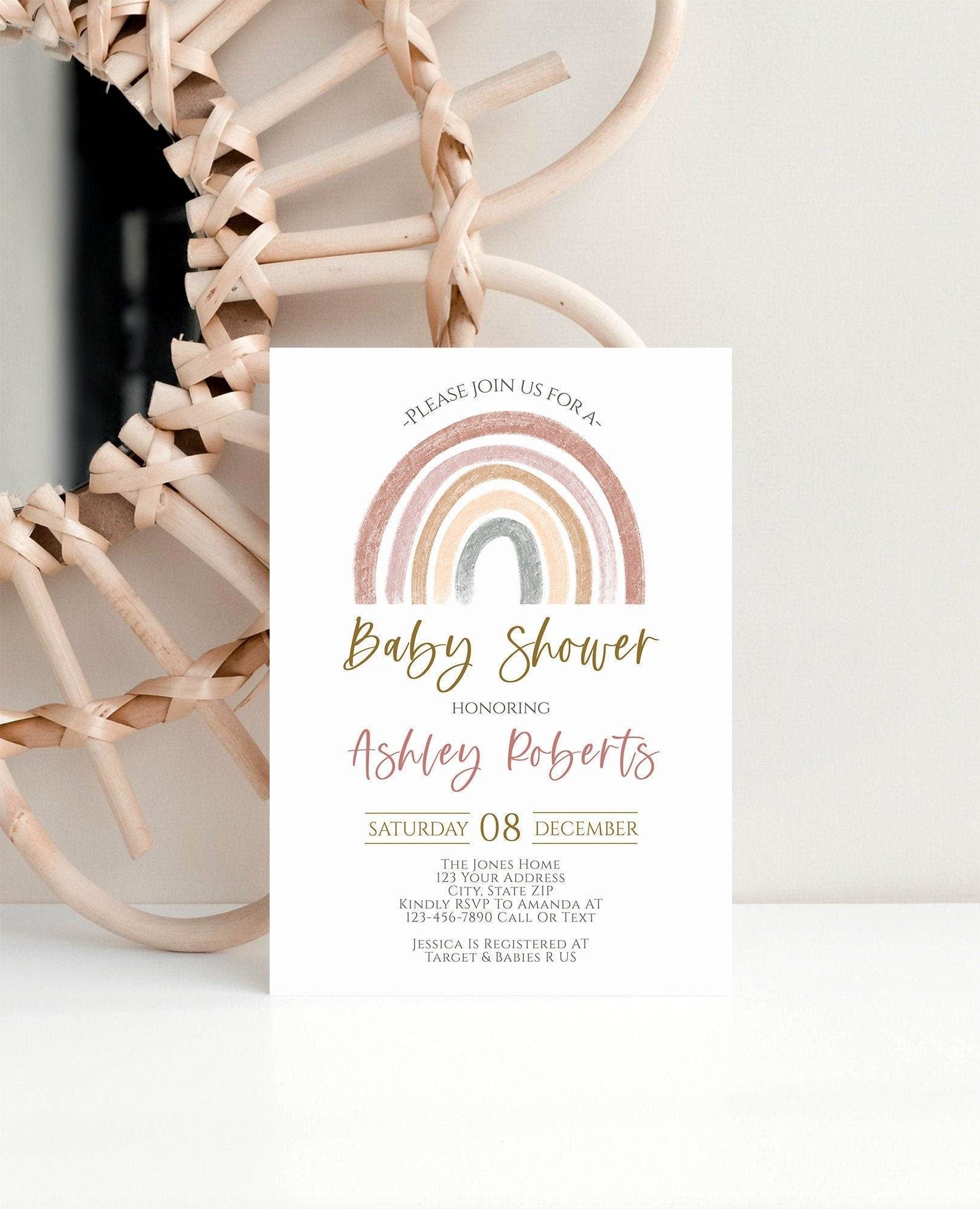 Printable Rainbow Baby Shower Invitation, Gender Neutral Boho Invite, Editable Baby Shower Template, Muted Tones Baby Invite, Instant Download