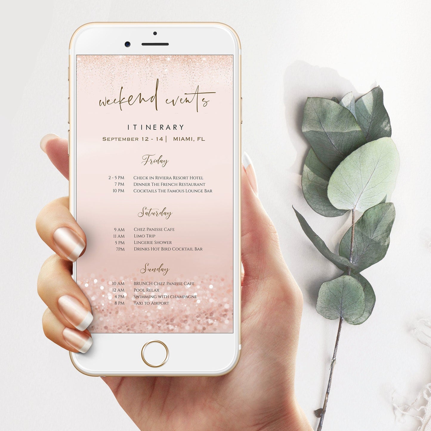 Electronic Bachelorette Weekend Itinerary Template, Glitter Bachelorette Invitation, Bachelorette Weekend Invitation, Bachelorette Itinerary