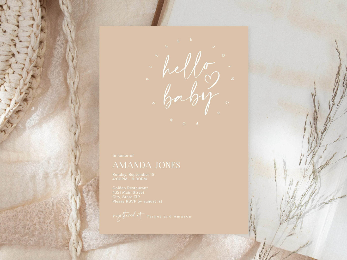 Minimalist Baby Shower Invitation Template – Gender Neutral “Hello Baby” Invite | Editable Modern Shower Card | Digital Download
