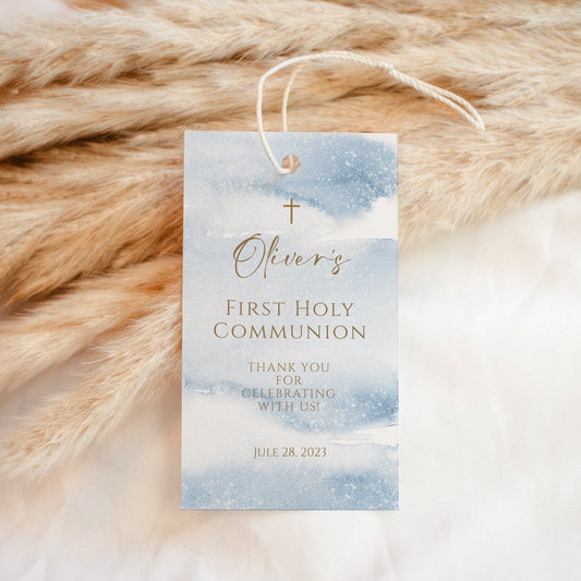Blue First Holy Communion Thank You Tag - Watercolor Cross Design - Boys & Girls