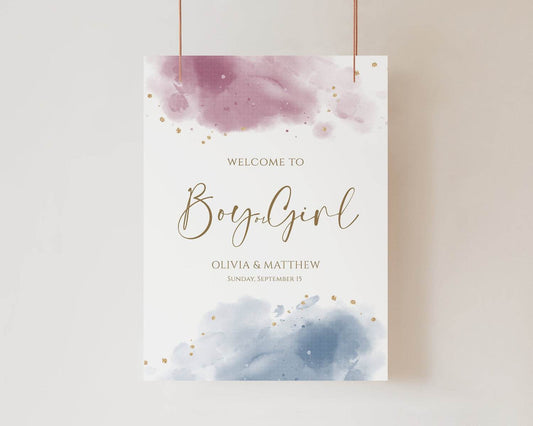 Blue and Pink Gender Reveal Welcome Sign Template, Boy or Girl Party Decoration, Editable Gold Foil Watercolor Digital Welcome Sign, Instant Download
