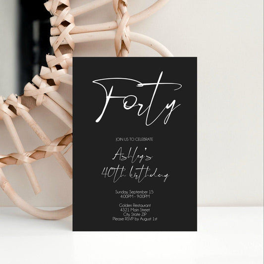 Minimalist 40th Birthday Invitation, Forty Birthday Invite, Black White Modern Birthday Invitation, Instant Download Template, Fortieth Bday