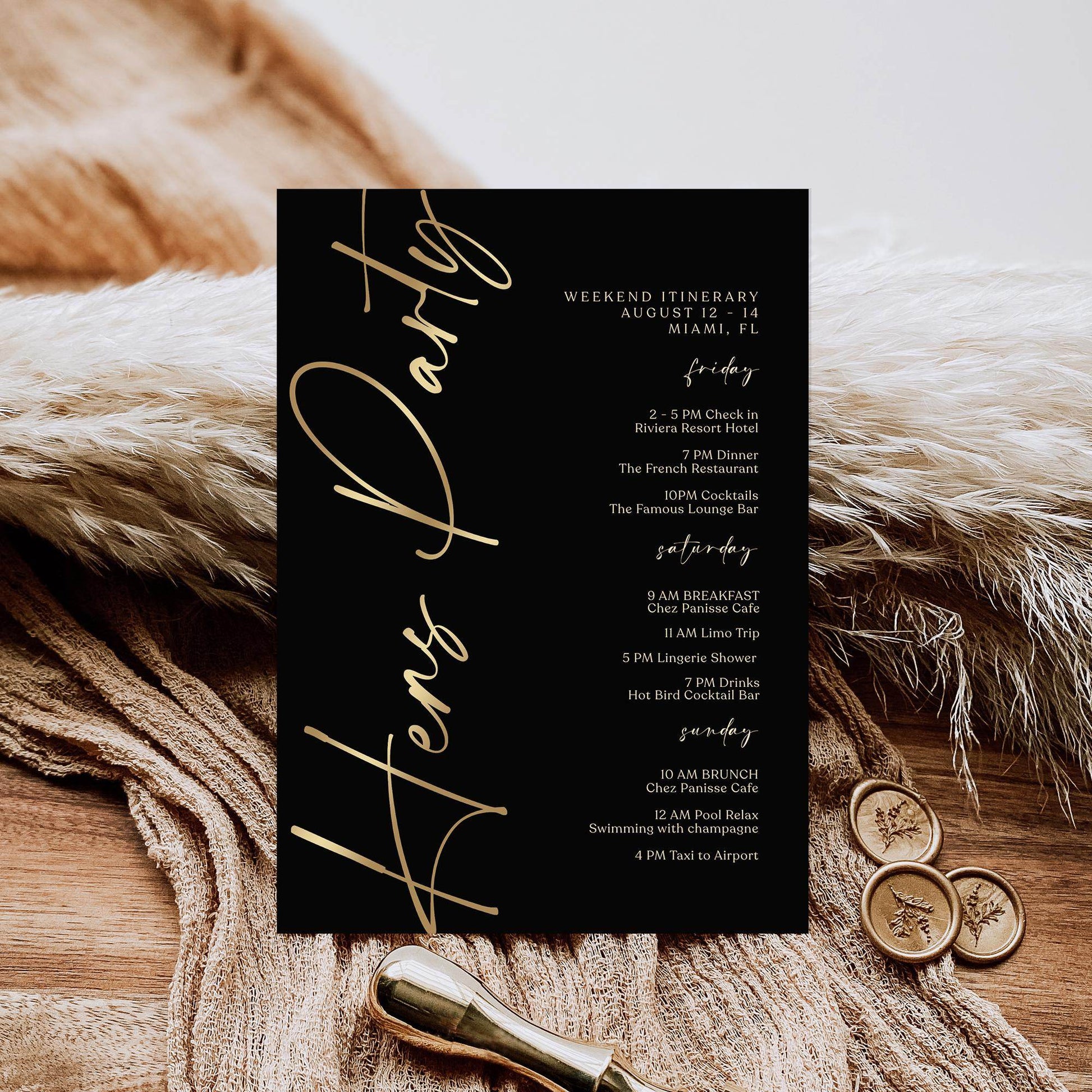 Editable Black Gold Hens Party Weekend Itinerary Template – Printable Bachelorette Weekend Schedule | Digital Event Planner | Instant Download
