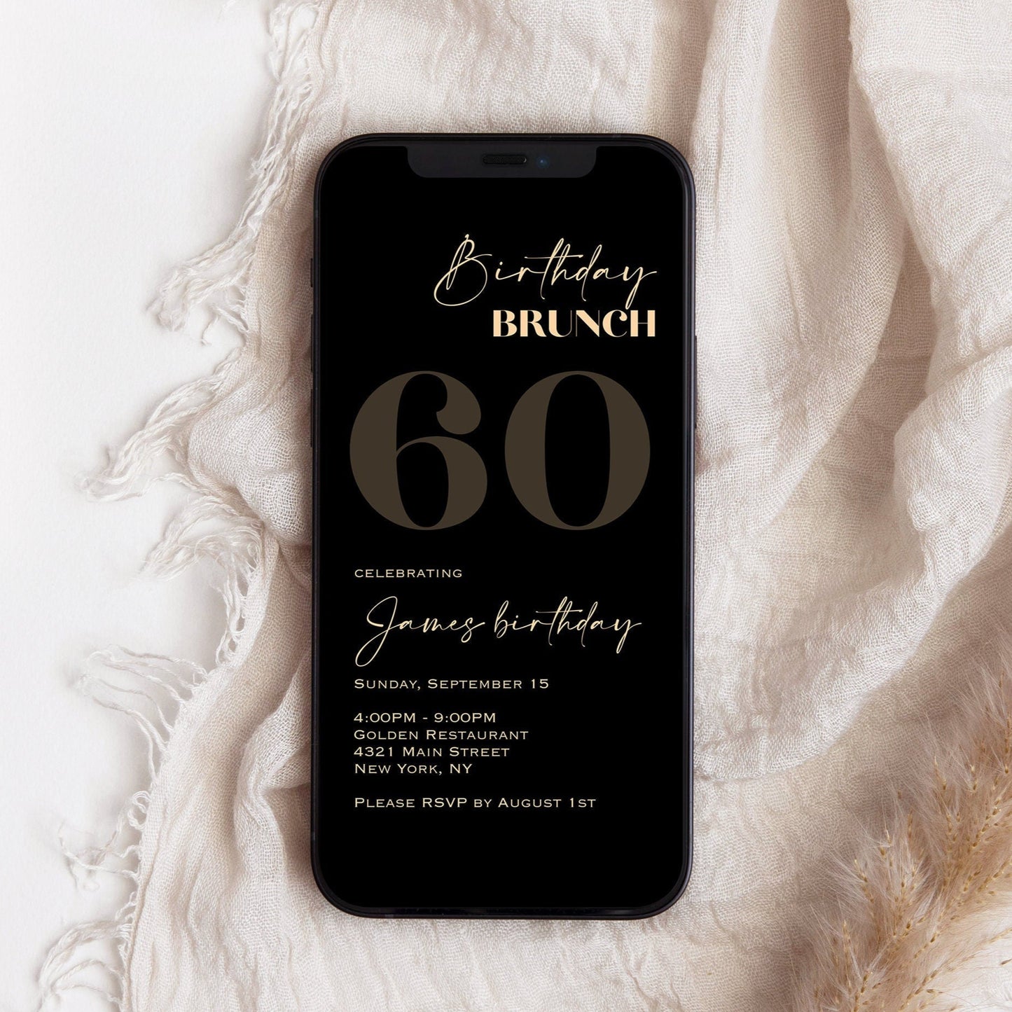 Paperless Electronic Birthday Brunch 60th Sixty Birthday Evite Black Gold Party Invite, Digital Invite Template, Birthday Party Invitation