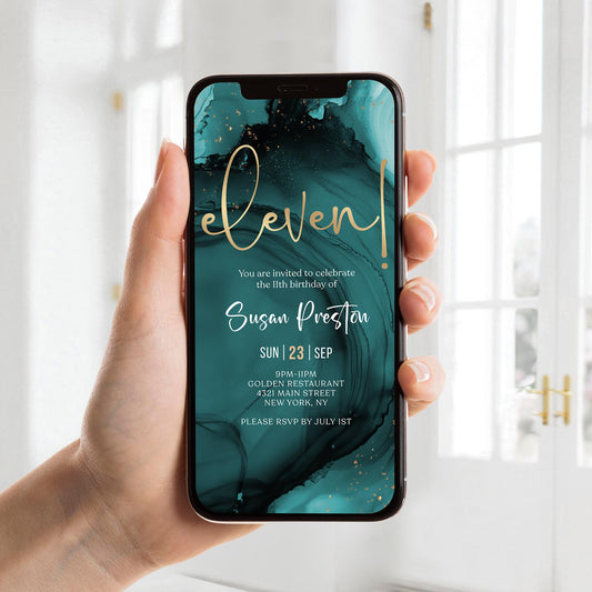 Teal Gold 11th Birthday Invitation Template – Editable Digital Eleven Birthday Party Invite – Boy or Girl Electronic Evite – Email & Text Message – Instant Download