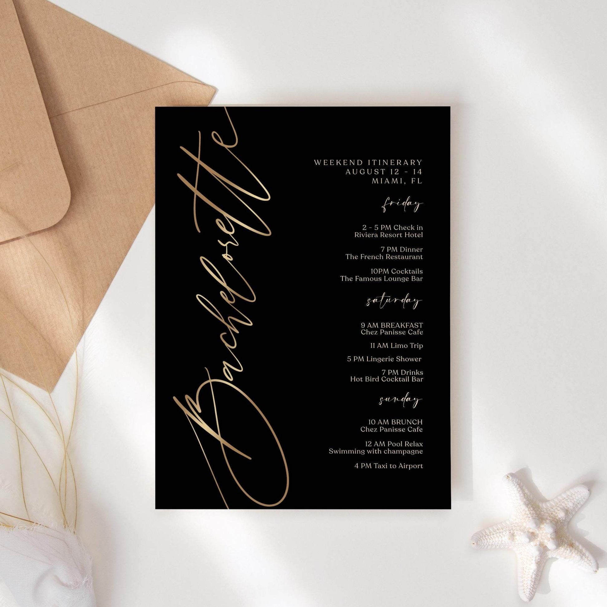 Black Bachelorette Itinerary Template, Editable Weekend Event Schedule, Printable Elegant Itinerary, Digital Download, Text Message Evite