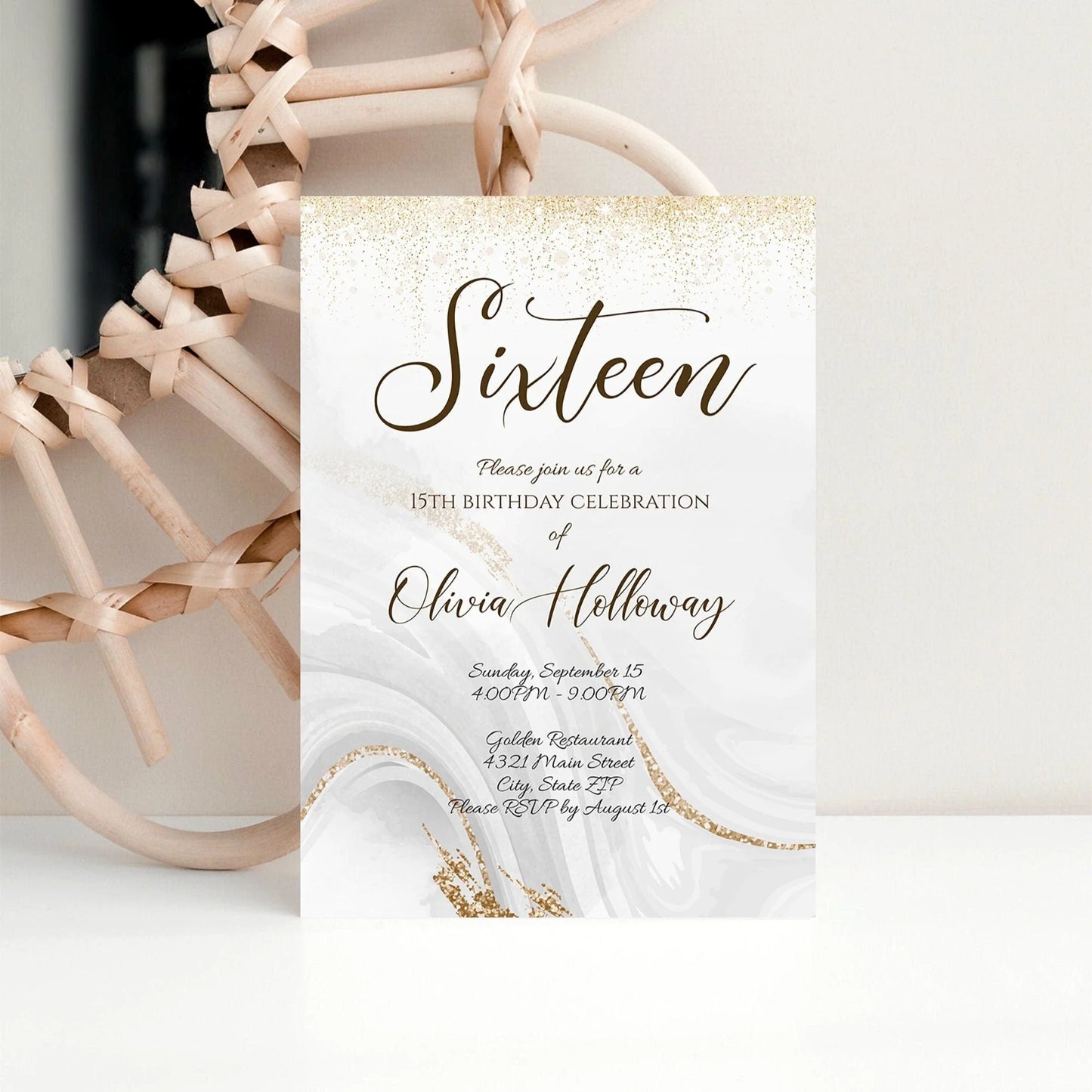Luxury 16th Gold Glitter invitation, Editable Sixteen Birthday Invitation Template, Printable Invite, Digital Invitation, Instant Download
