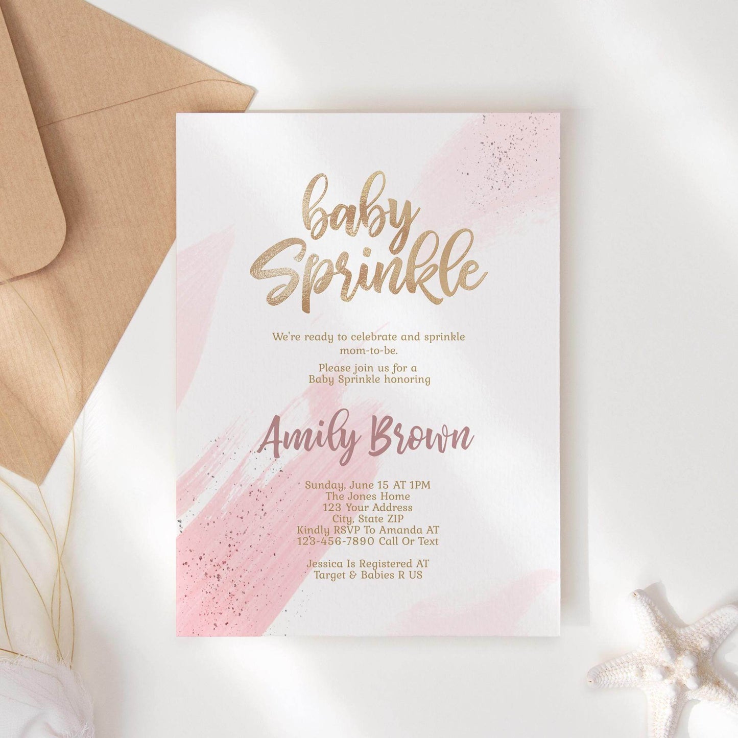 Girl Baby Sprinkle Invitation Template Printable, Gold Pink Baby Sprinkle Invite, Editable Girl Baby Shower Card, Email Text Message