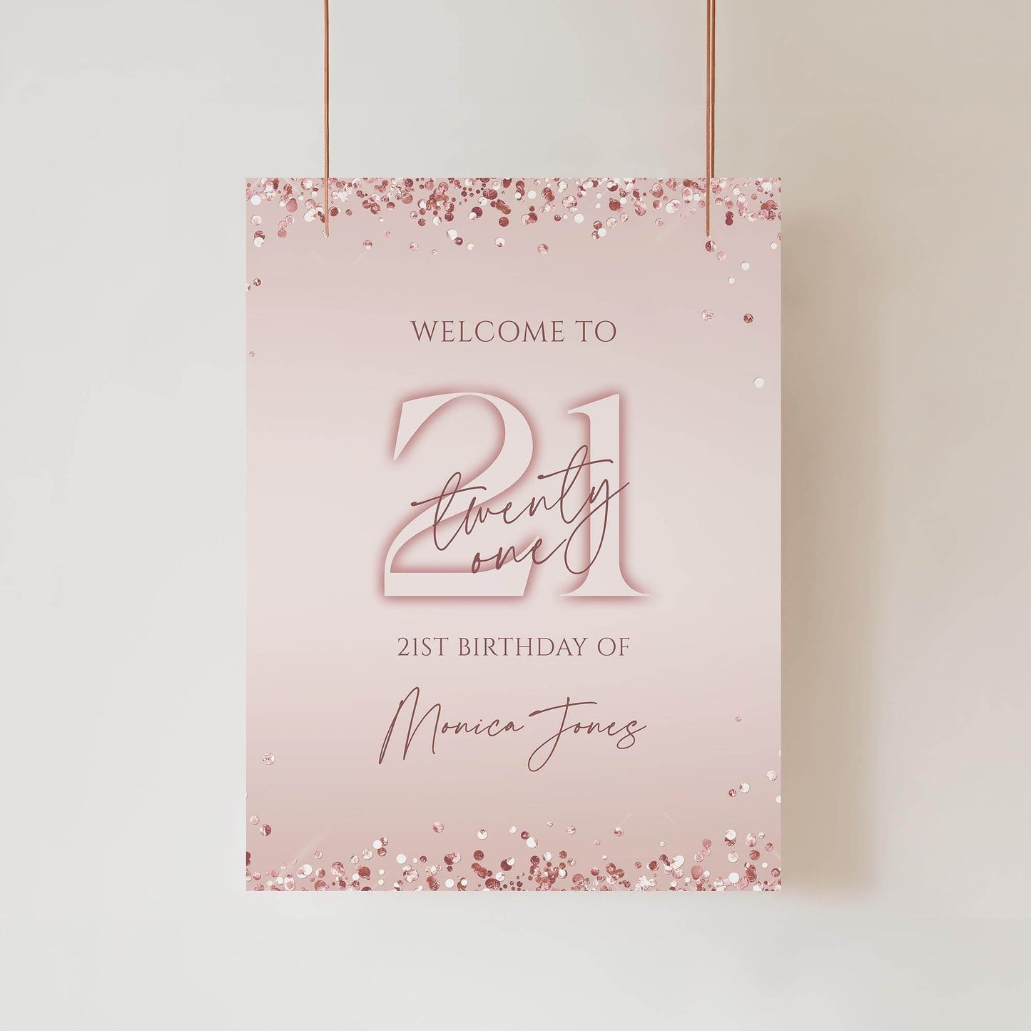 21st Birthday Welcome Sign Template | Pink & Rose Gold Confetti Editable Poster | Modern Twenty-One Party Welcome Board | Instant Digital Download