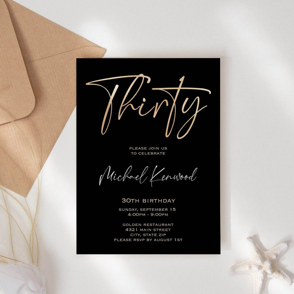Gold Foil 30th Birthday Invitation, Elegant Black and Gold Thirty Invite Template, Printable Editable Mens Women Birthday Card