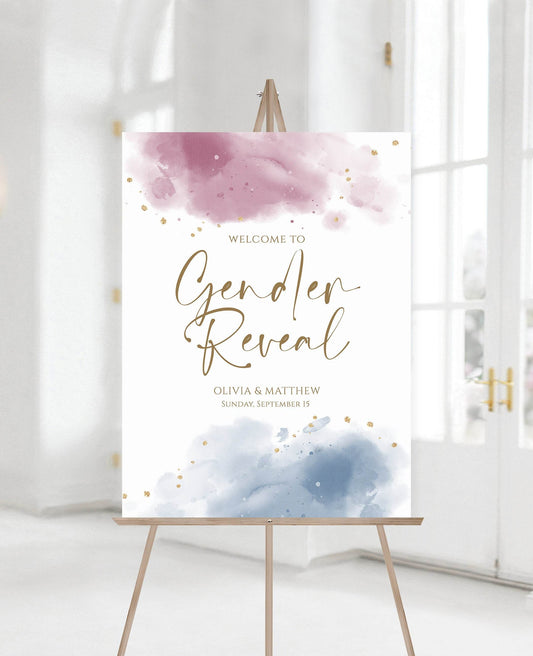 Printable Gender Reveal Party Welcome Sign Template, Boy or Girl Sign Decoration, Custom Digital Gold Foil Watercolor Welcome Sign, Download