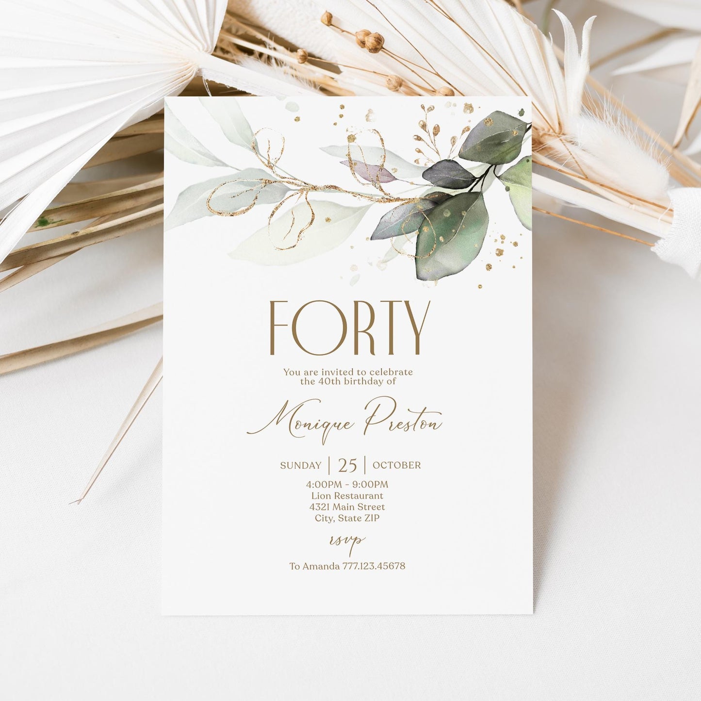 Editable Forty 40th birthday Invitation Card Template, Printable Greenery Gold Leaves Birthday Invite, Digital Template, Email Text Message