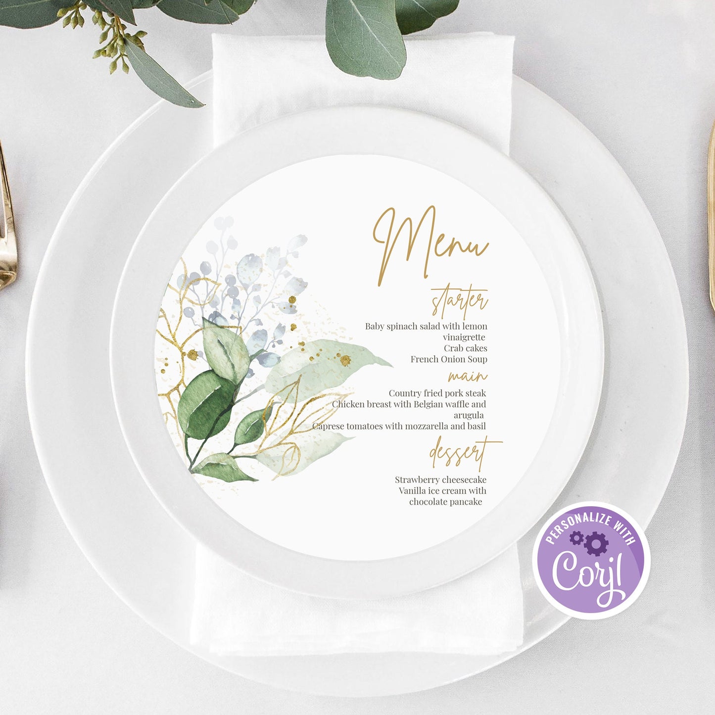Greenery Floral Round Wedding Menu | Editable Gold Calligraphy Circle Menu Template | Printable Dinner Menu | Instant Download
