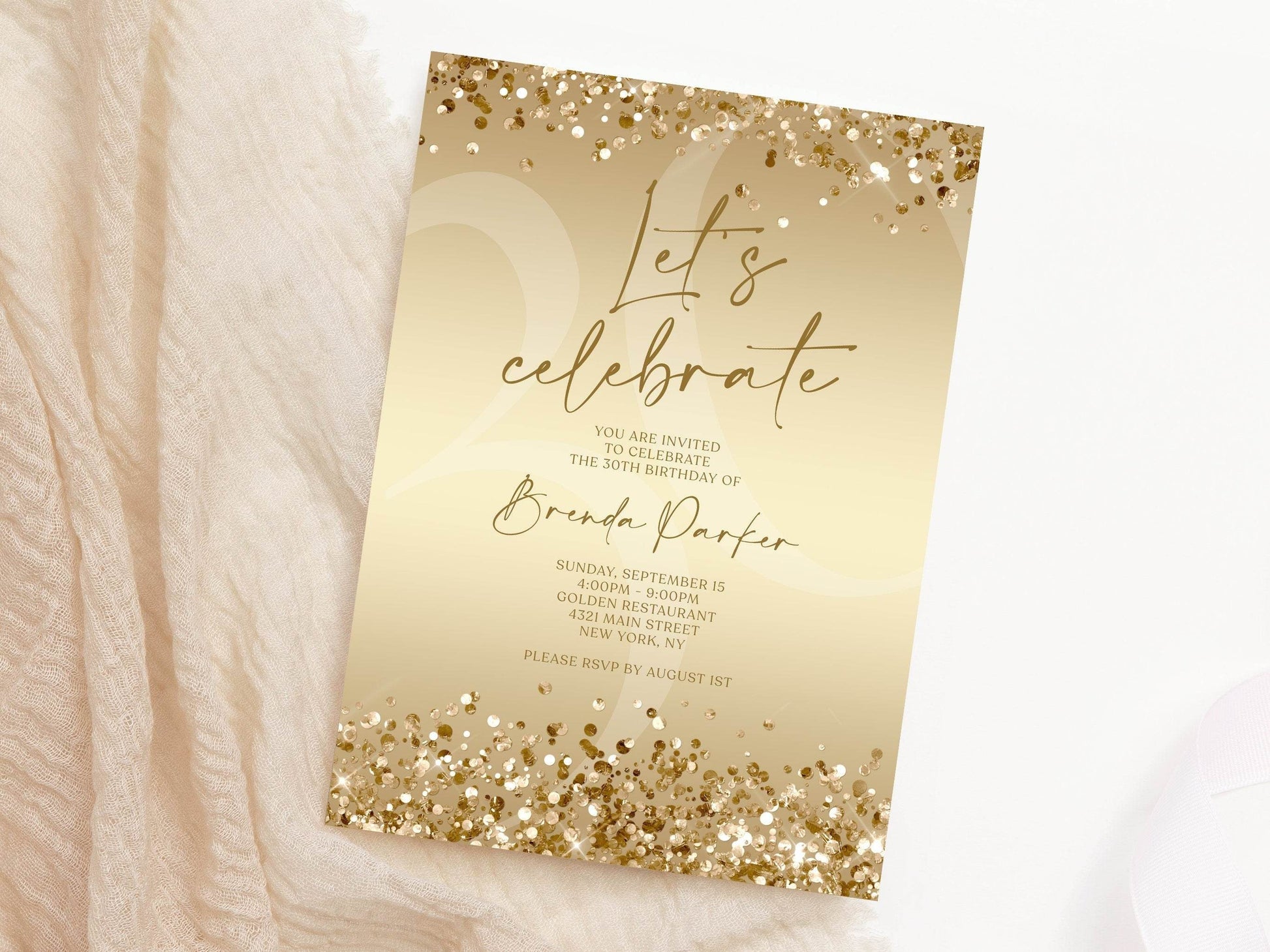 Let’s Celebrate Gold Birthday Invitation Template, Printable Confetti Invite, Editable Any Age Text Message Birthday Evite, Instant Download