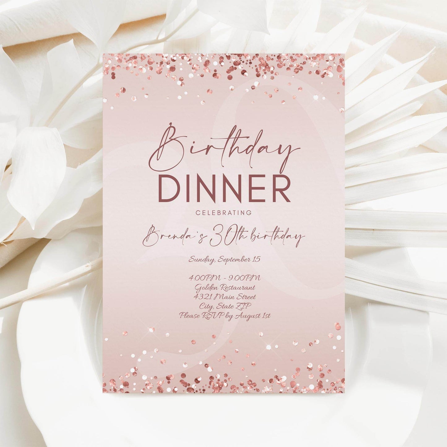 Birthday Dinner Invitation Template Printable, Editable Rose Gold Birthday Dinner Invite, Any Age Birthday, Email Text Message Invitation