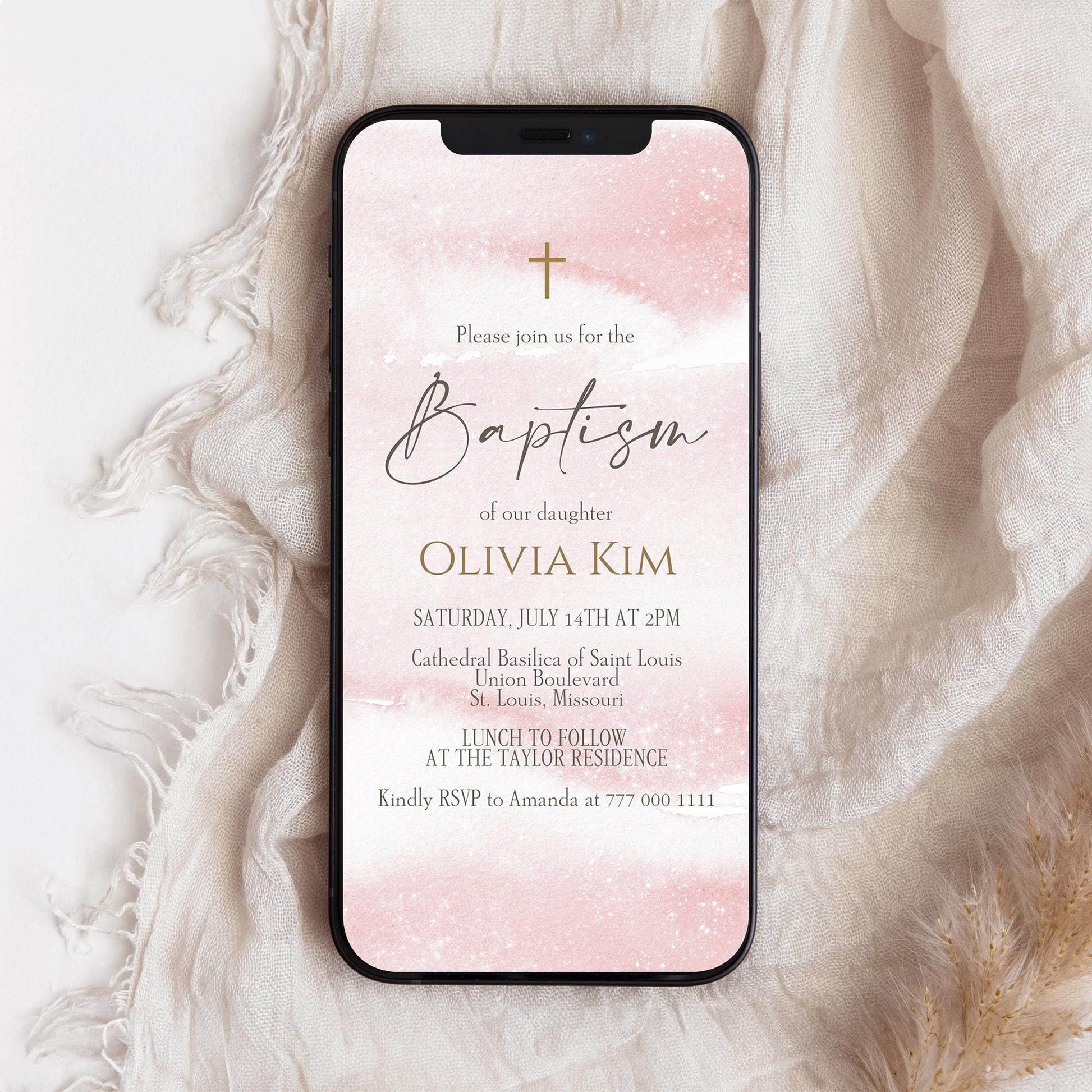 Digital Girl Baptism Invitation – Editable Pink Watercolor Christening Evite Template – Gold Text Message Invite – Girls Baptism or Christening eCard