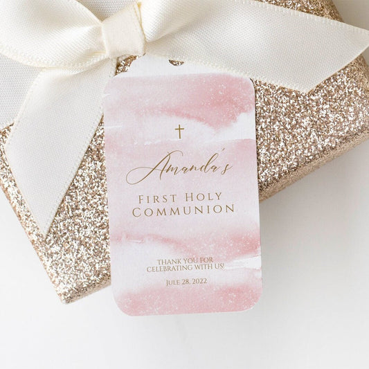 Pink First Holy Communion Thank You Tag, First Holy Communion, Pink Watercolor, Cross, Sage Leaves, Baptism Girl, Favor Tag Baptism Template