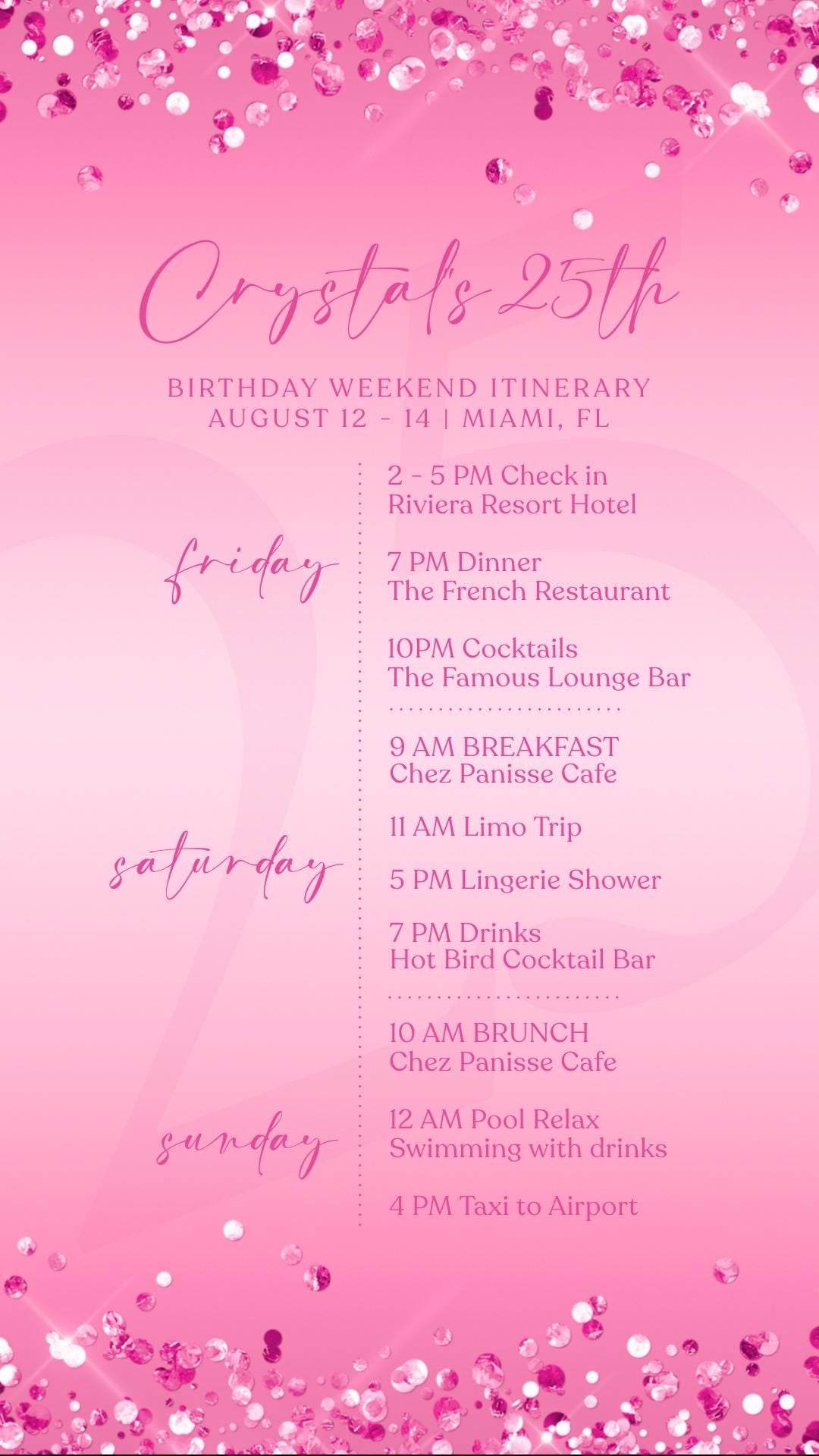 Electronic Pink Birthday Weekend Itinerary Template – Editable Fuchsia Event Schedule | Digital Birthday Itinerary Evite | Text Message Invite | Instant Download