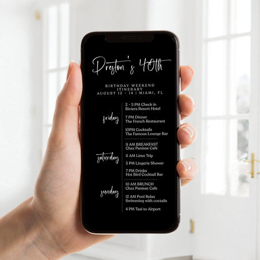 Editable Black 40th Birthday Weekend Itinerary | Digital Forty Birthday Itinerary Template | Simple Birthday Weekend Evite | Instant Download