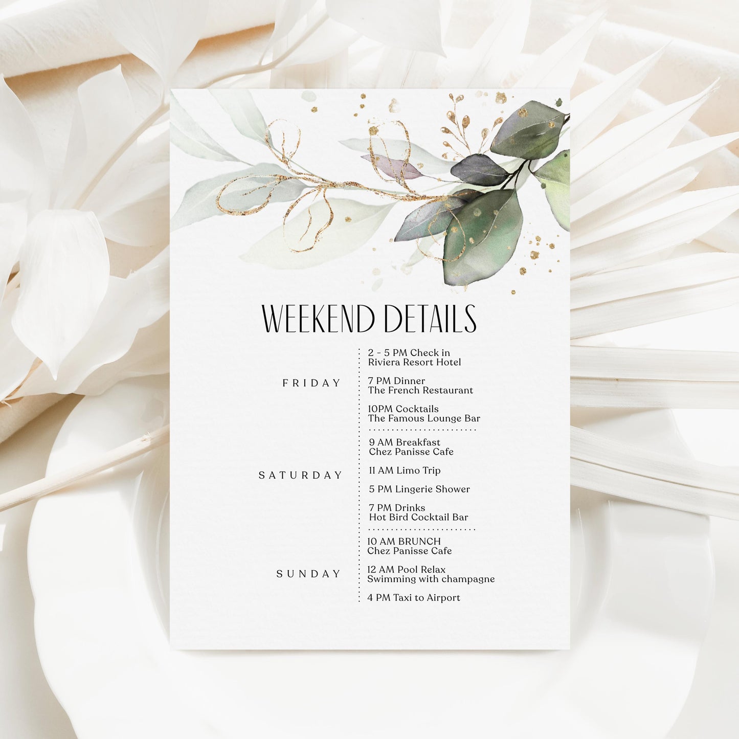 Editable Greenery Wedding Itinerary Card Template, Eucalyptus Wedding Weekend Details Template, Digital Timeline Schedule Weekend Events