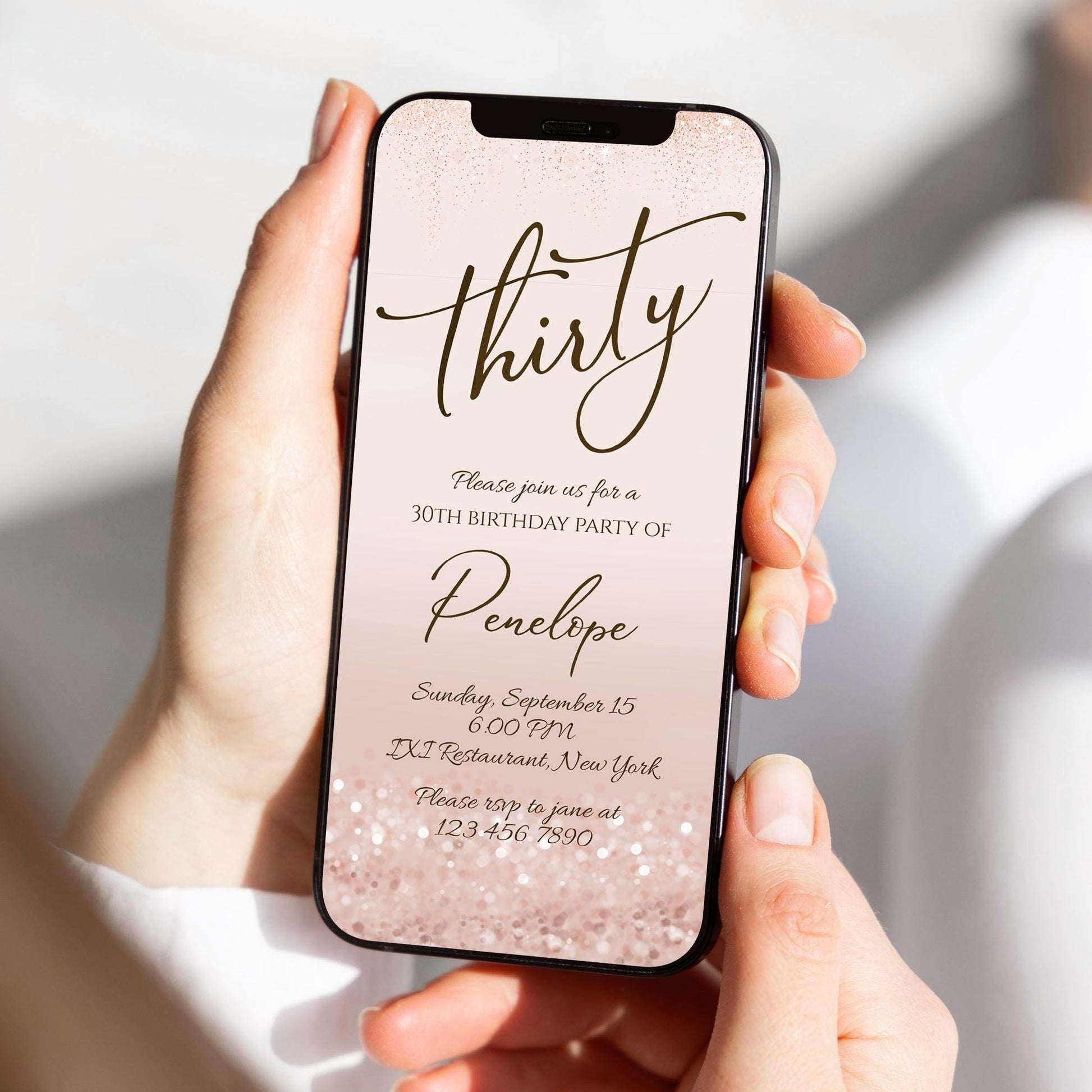 30th Birthday Invitation Template | Rose Gold Digital Invite | Editable Pink Text Message Evite | Electronic Thirty Birthday Phone Card | Instant Download
