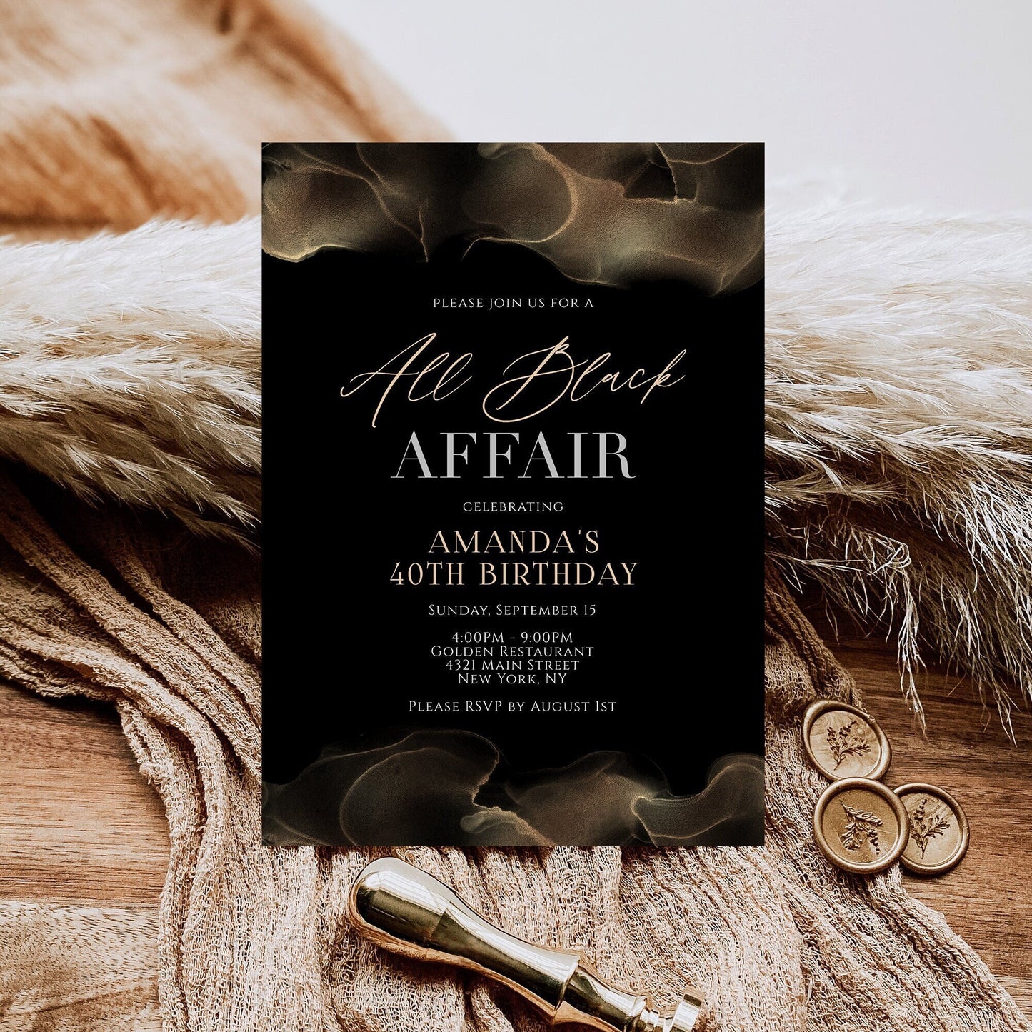 Editable All Black Affair Invitation, Printable All Black Party Invitation, Black and Gold, Marble, Formal Attire Invite, Email Text Message
