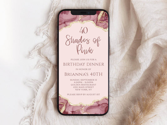 Electronic Shades of Pink Birthday Dinner Invitation Template, Pink Invite, Digital Mobile Invitation, Text Message Evite, Phone Invitation