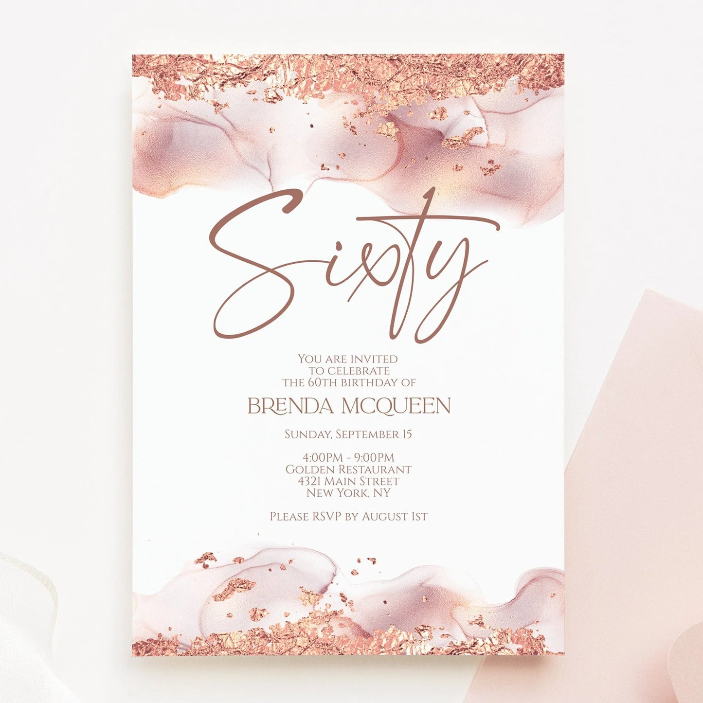 Printable 60th Sixty Birthday Invitation Template, Editable Rose Gold Foil Blush Birthday Invite, Email DIY Digital Invite, Instant Download
