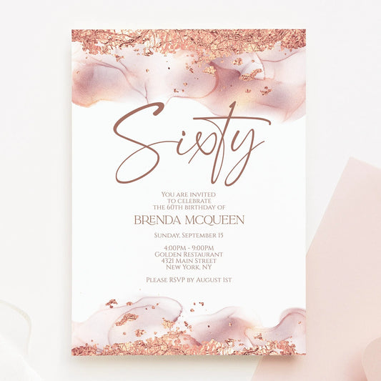 Printable 60th Sixty Birthday Invitation Template, Editable Rose Gold Foil Blush Birthday Invite, Email DIY Digital Invite, Instant Download