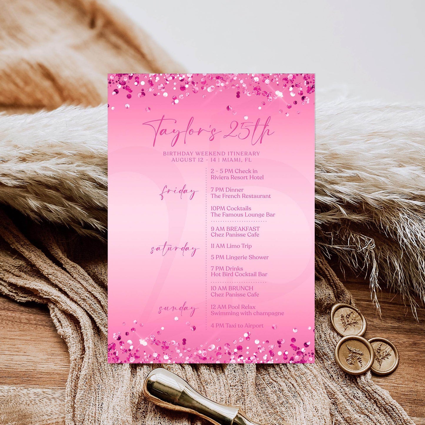 Editable Pink Any Age Ladies Birthday Itinerary Template, Printable Fuchsia Woman Itinerary, Digital Weekend Itinerary, Email Text Message