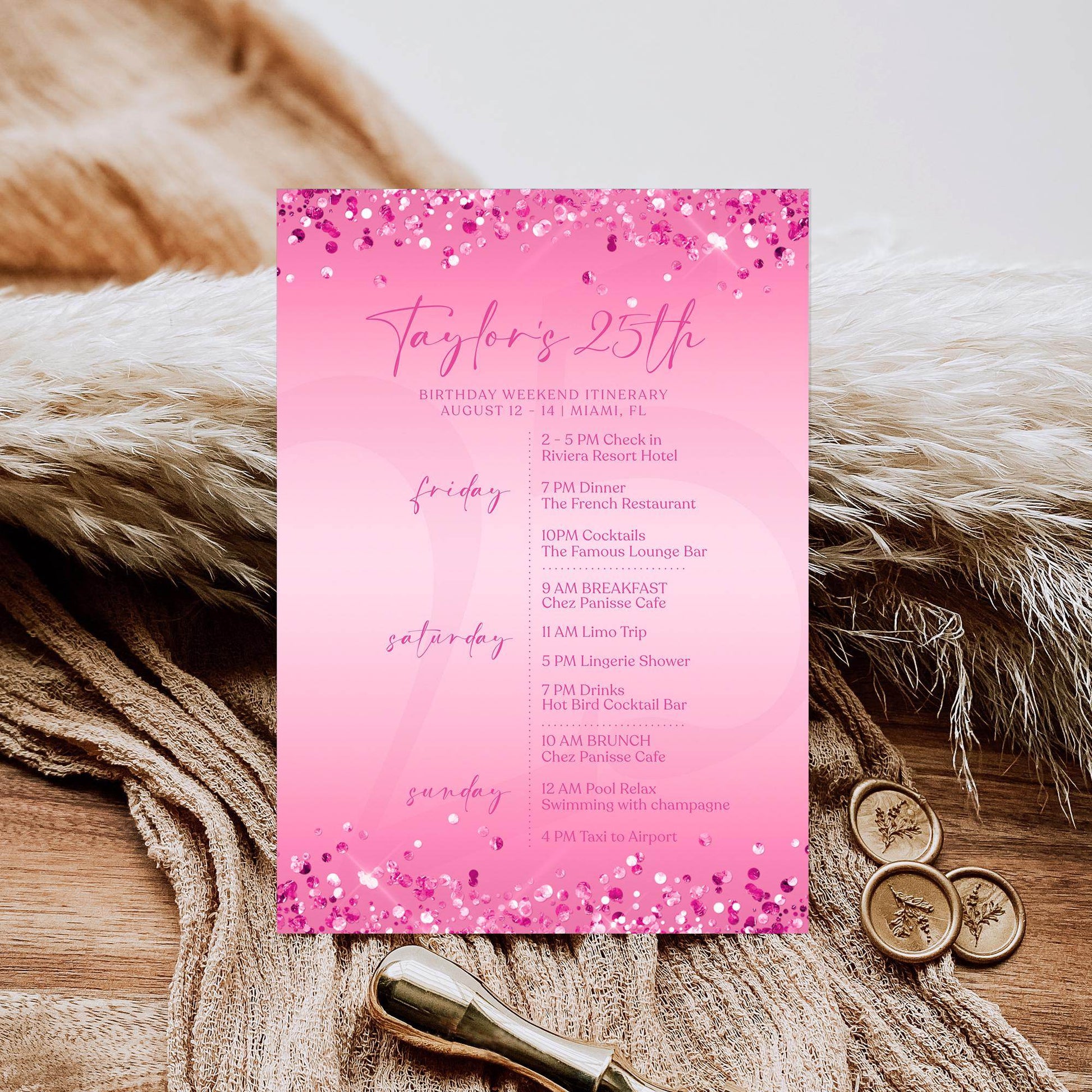 Editable Pink Any Age Ladies Birthday Itinerary Template, Printable Fuchsia Woman Itinerary, Digital Weekend Itinerary, Email Text Message