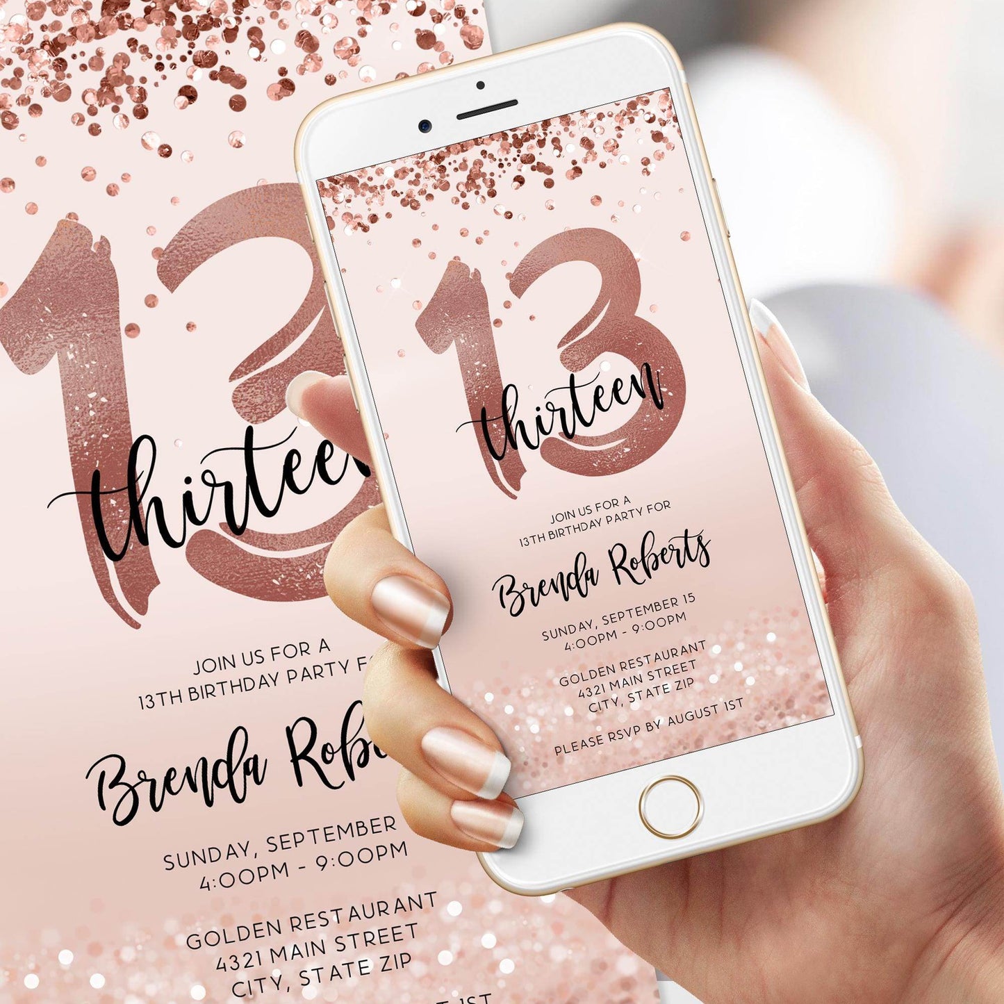 13th Birthday Invitation Template | Pink Rose Gold Confetti Digital Invite | Editable Girl Teen Party Evite | Text Message Electronic Card | Instant Download